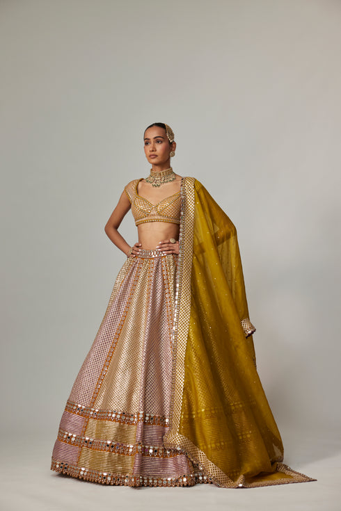 Mustard Multicolor Heavy Metallic Lehenga With Green Dupatta